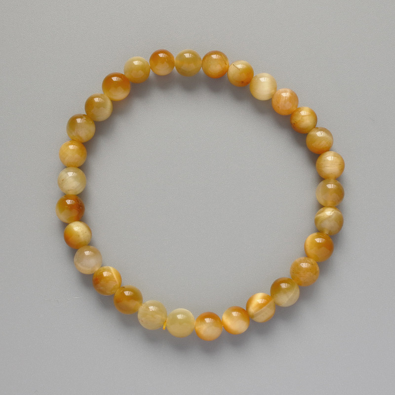 Bracelet Yellow Cat's Eye Natural Stone Smooth Bead, diameter 6.5mm±, length 18cm± (stretch)