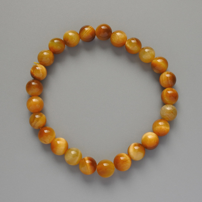Bracelet Yellow Cat's Eye Natural Stone Smooth Bead, diameter 8.5mm±, length 18cm± (stretch)