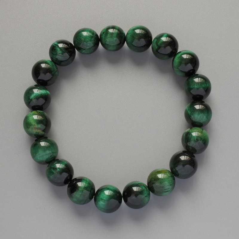 Bracelet Green Cat's Eye Natural Stone Smooth Beads, diameter 10mm±, length 18cm± (stretch)