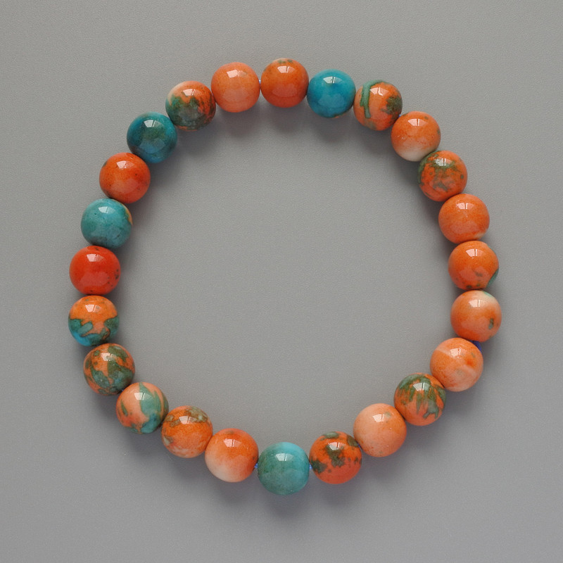 Bracelet “Variscite” (plastic acrylic, individual) orange, blue and white colors, smooth beads, diameter 8.5mm±, length 18cm± (stretch)