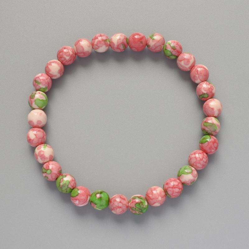Bracelet “Varycite” (artificial acrylic, one piece) pink, white and green colors, smooth beads, diameter 6.5mm±, length 18cm± (elastic)