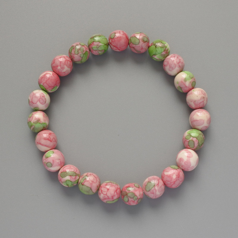 Bracelet "Variscite" (plastic acrylic, per piece) pink, white and green colors, smooth bead, diameter 8.5mm±, length 18cm± (stretch)
