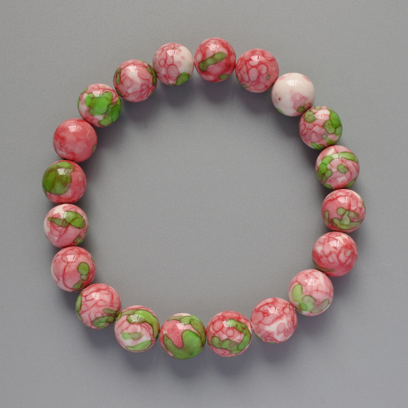 Bracelet "Variscite" (artificial acrylic) pink, white and green colors, smooth bead, diameter 10mm±, length 18cm± (stretch)