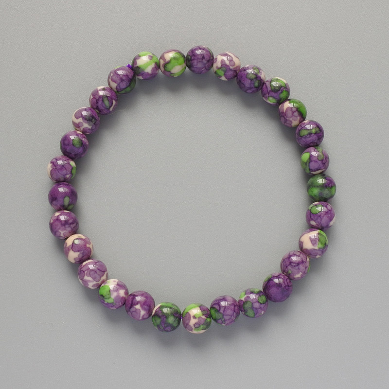 Bracelet "Variscite" (artificial acrylic) purple, white, and green colors, smooth bead, diameter 6.5mm+-, length 18cm+-, (stretch)
