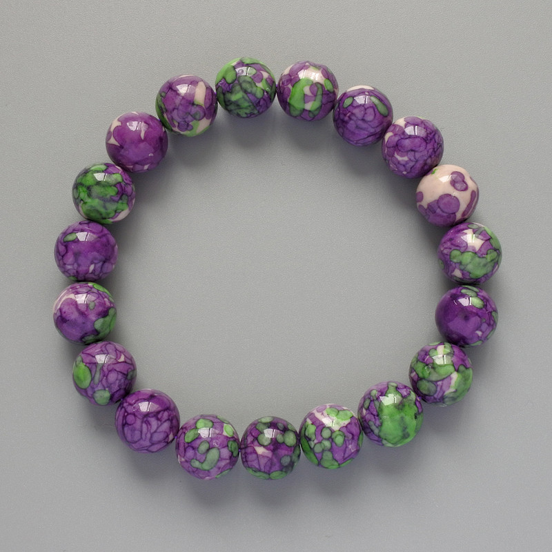 Bracelet “Variscite” (synthetic acrylic) purple, white and green colors, smooth bead, diameter 10.5 mm±, length 18 cm± (stretch)