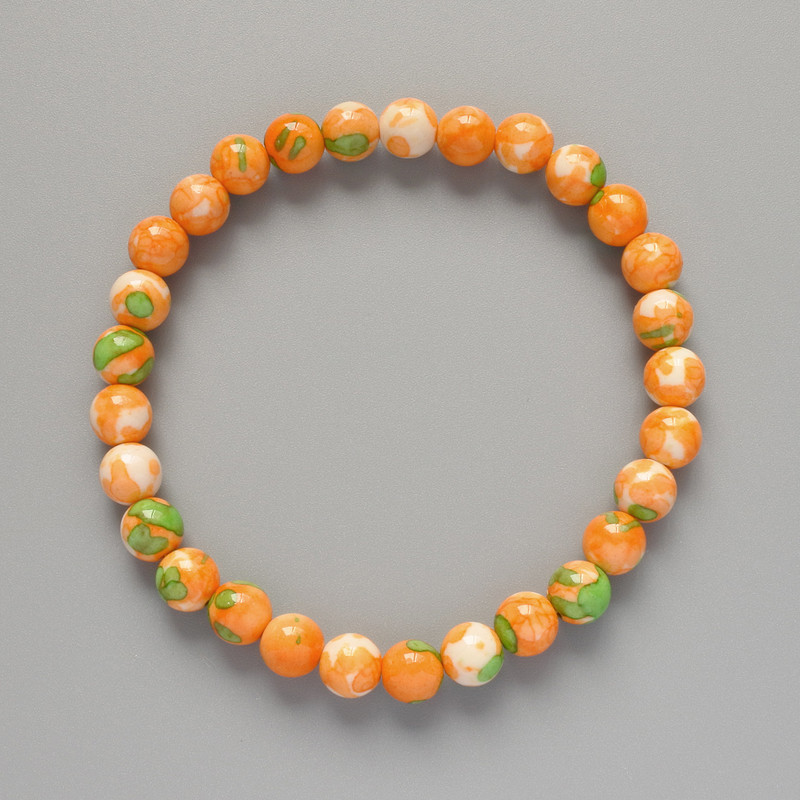 Bracelet “Variscite” (artificial acrylic) green, orange, and white colors, smooth beads, diameter 7mm±, length 18cm± (stretch)