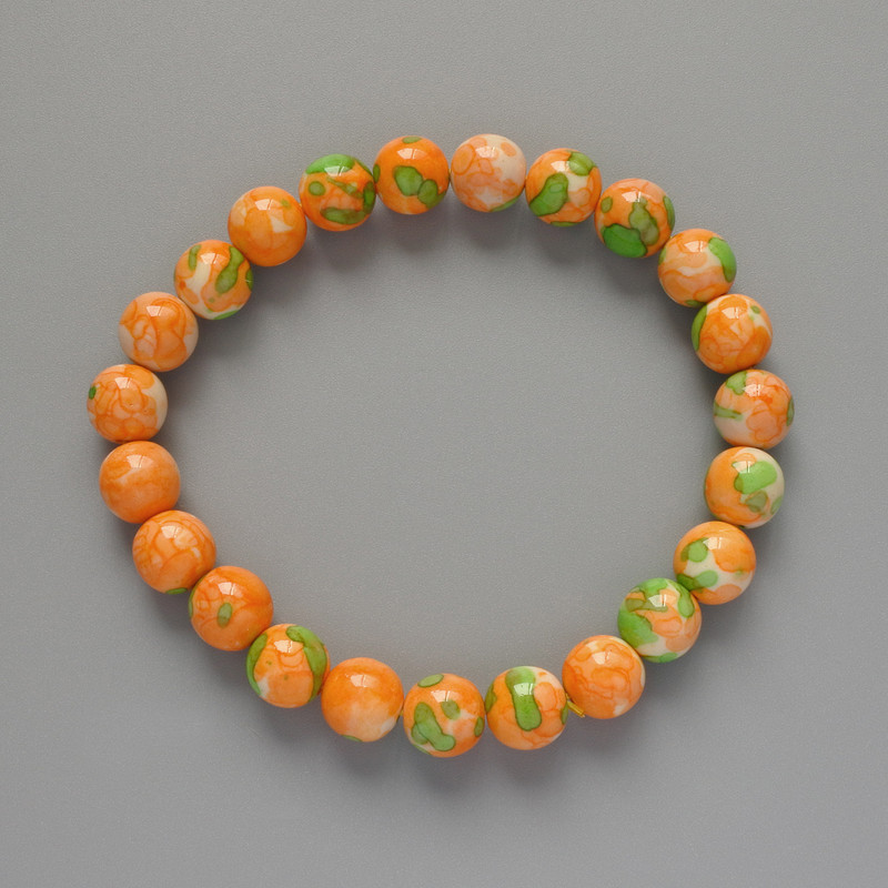 Bracelet "Variscite" (artificial acrylic) green, orange, and white colors, smooth beads, diameter 8.5mm±, length 18cm± (stretch)
