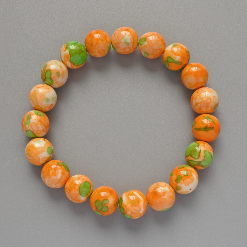 Bracelet "Variscite" (plastic acrylic beads) green, orange, and white colors, smooth beads, diameter 10mm±, length 18cm± (stretch)