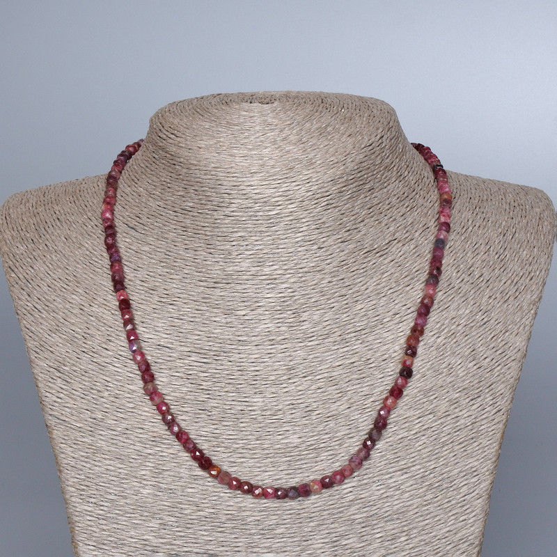 Necklace Ruby natural stone faceted cube, diameter 4mm±, length 48cm ±