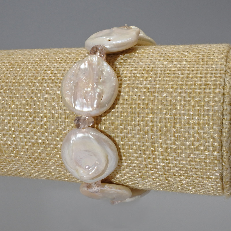 Baroque Pearl Bracelet with 'Petrol' Hue, 19mm± Diameter, 18cm± Length (Stretch) with 'Swarovski' Rhinestones
