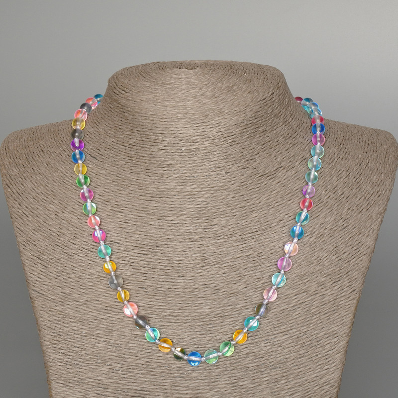 Opal Glass Bead Necklace, Multicolor, Smooth Round Beads 6mm, 49cm Length