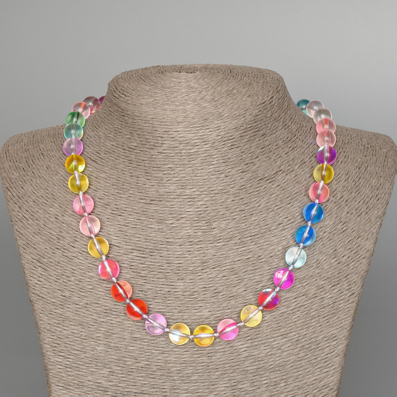Opal Glass Beads Necklace, Multicolor Smooth Round Beads, 10mm diameter ±, 49cm length ±