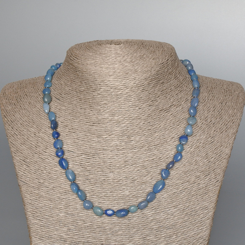 Necklace Blue Aventurine Natural Stone Tumbled Beads 7x9mm ±, Length 47cm ±