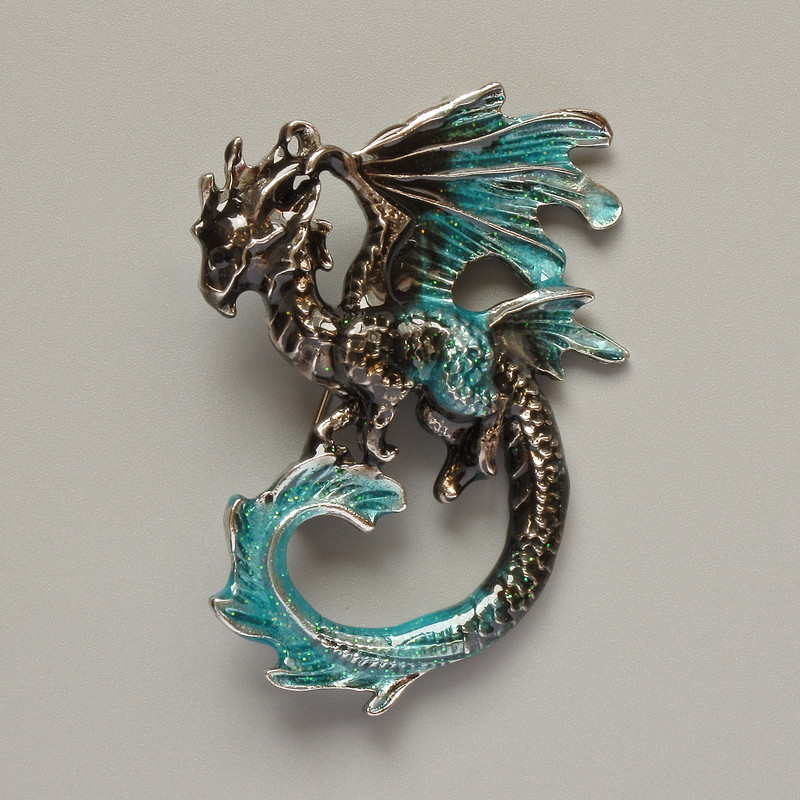 Brooch Pendant Dragon with Black and Turquoise Enamel with Rhinestones, Silver Metal 42x58mm