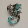 Brooch Pendant Dragon with Black and Turquoise Enamel with Rhinestones, Silver Metal 42x58mm
