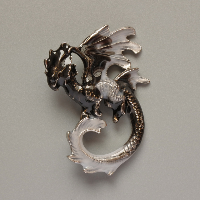 Brooch Pendant Dragon black and gray enamel silver-toned metal 42x58mm