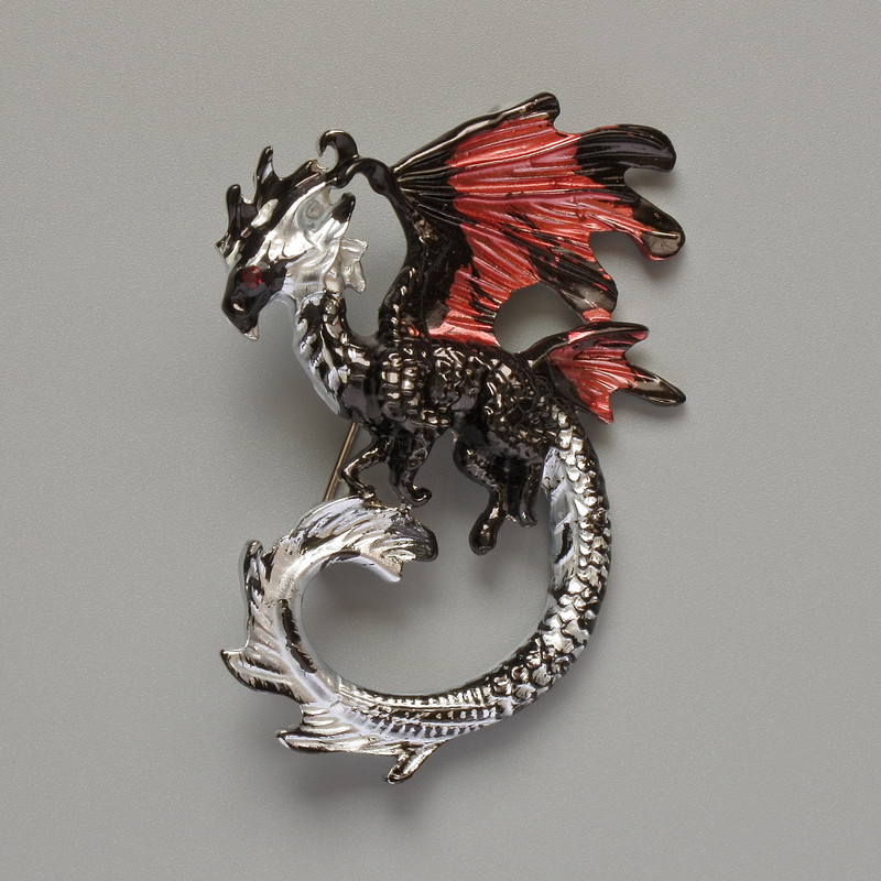 Brooch Pendant Dragon Burgundy, Black and Gray Enamel Silver Metal 42x58mm