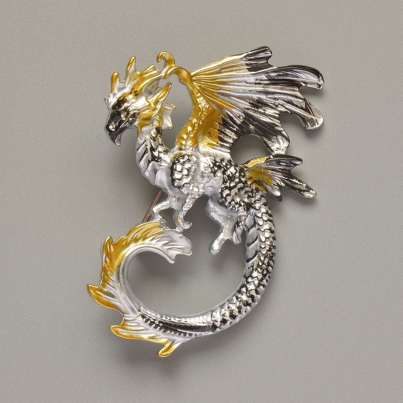 Brooch Pendant Dragon Yellow, Black and Gray Matte Enamel Silver Metal 42x58mm