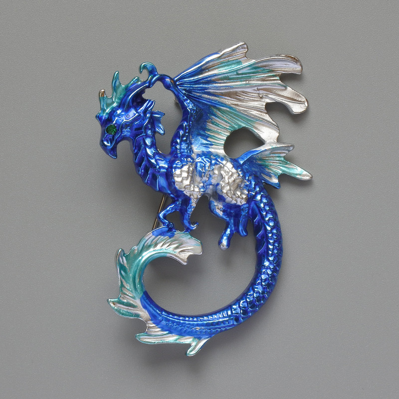 Brooch Pendant Dragon Blue and Gray Matte Enamel Silver Metal 42x58mm