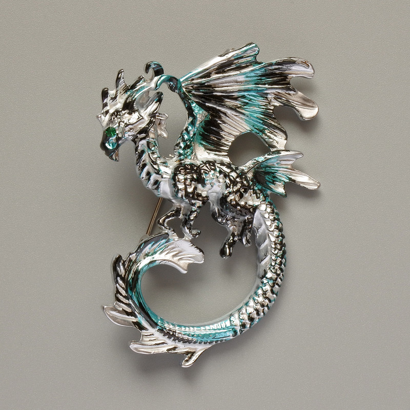 Brooch Pendant Dragon blue, black and gray matte enamel silver metal 42x58mm