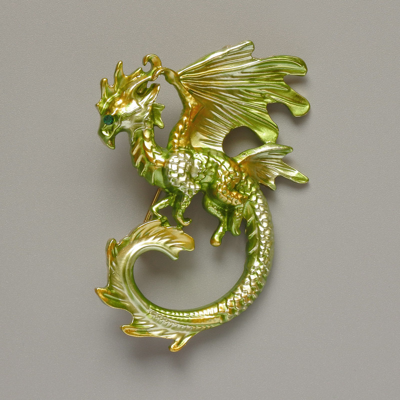 Brooch Pendant Dragon Salad-green Matte Enamel Golden Metal 42×58mm