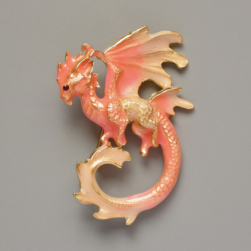 Brooch Pendant Dragon pink and beige enamel with golden metal 42x58mm