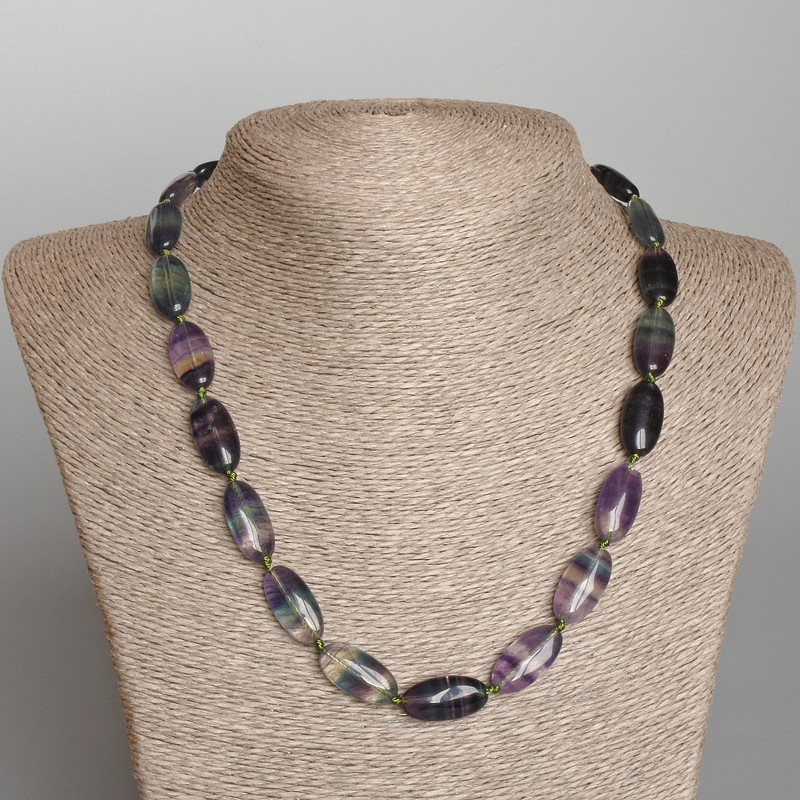 Fluorite Necklace, natural stone, oval beads, 10×20 mm, length 50 cm