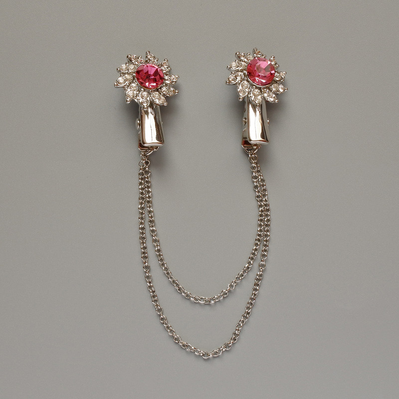 Brooch for Cardigans Flower with White Rhinestones, Pink Crystals, Silver Metal 18x25mm, 10 cm Chain