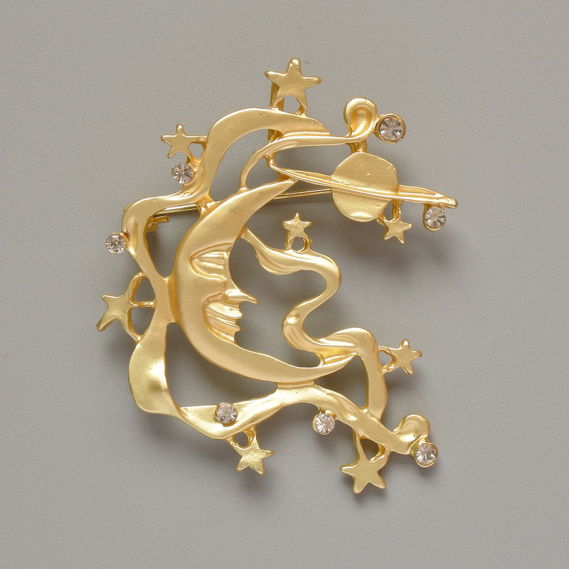 Brooch Pendant Moon with White Crystals, Matte Gold Metal 43×51mm