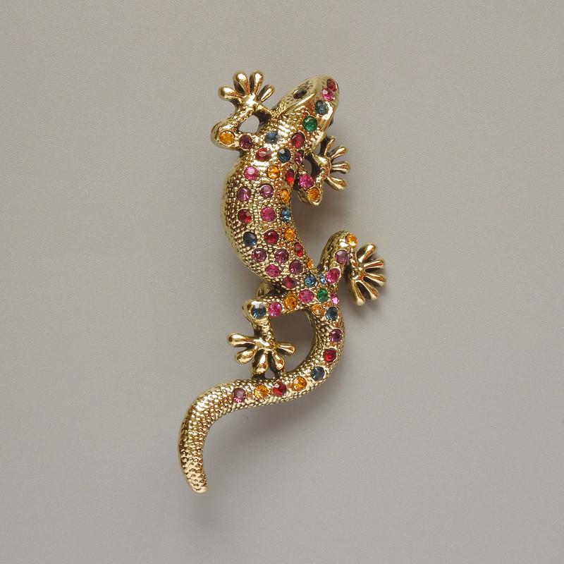 Brooch Lizard Multicolor Rhinestones Gold-Tone Metal 29x63mm