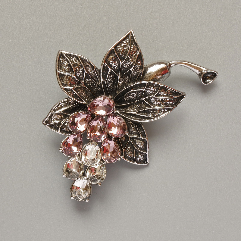 Brooch pendant Flower with white and pink crystals, dark-silver metal 43x60mm