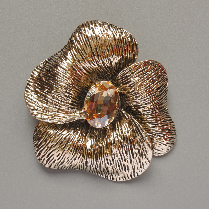 Brooch Pendant Flower Yellow Crystal Light Gold Metal 55x63mm