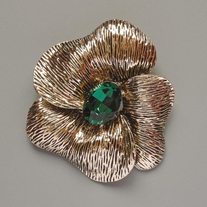 Brooch Pendant Flower green crystal light-gold metal 55x63mm