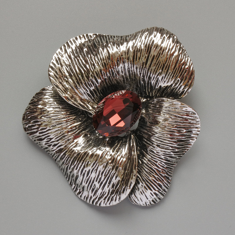 Brooch Pendant Flower Red Crystal Silver Metal 55x63mm