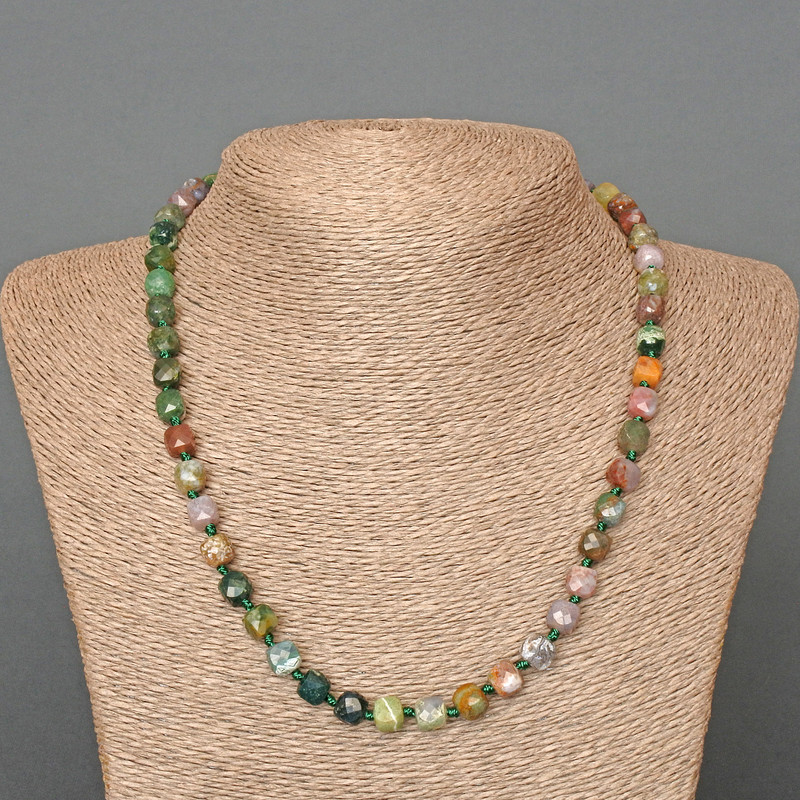 Necklace Green Jasper Natural Stone Faceted Cube, 7mm+- Diameter, Length 51cm+