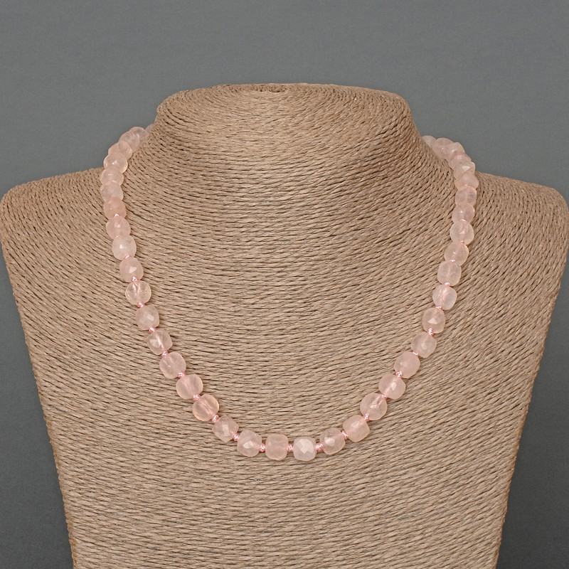 Necklace Rose Quartz Natural Stone Faceted Cubes, 7mm diameter, length 48cm