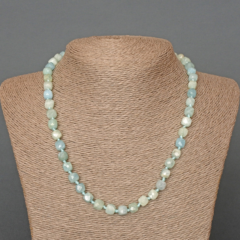 Aquamarine Necklace, natural stone, faceted cube, diameter 7mm ±, length 50cm ±
