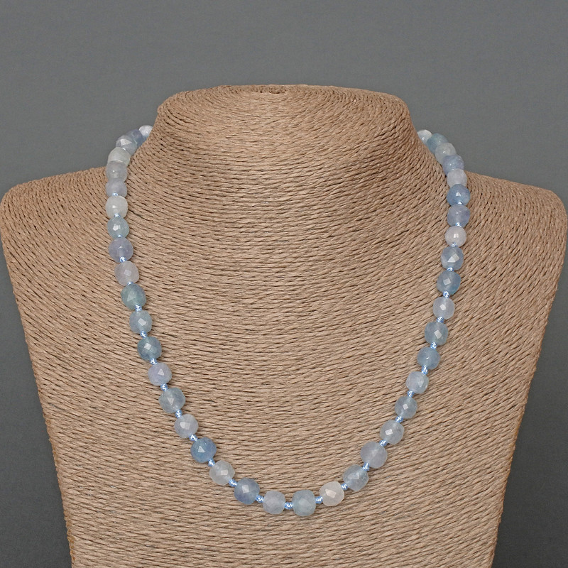 Aquamarine Bead Necklace with Natural Gemstone, faceted cube, diameter 7.5mm, length 50cm