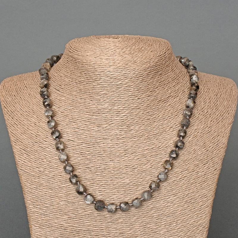 Larvikite Bead Necklace with Natural Stone, Faceted Cubes, 7mm diameter, 50cm length