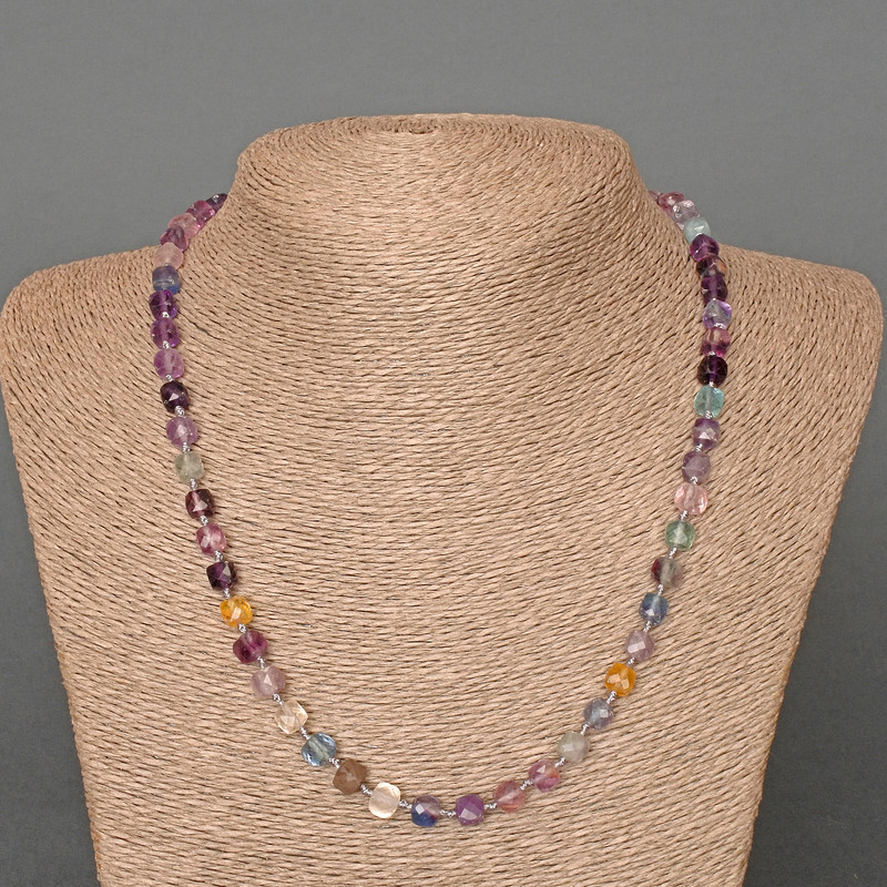 Clearance! Fluorite Beaded Necklace Natural Stone Faceted Cube, 6mm diameter, length 51cm