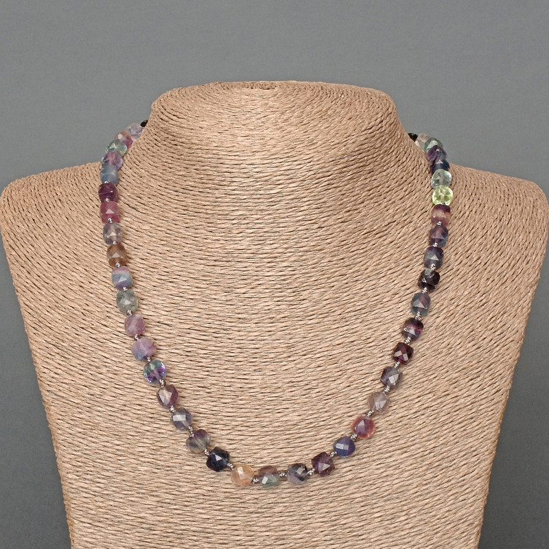 Clearance! Fluorite Necklace with Natural Stone Beads, Faceted Cubes, 7mm diameter, length 50cm