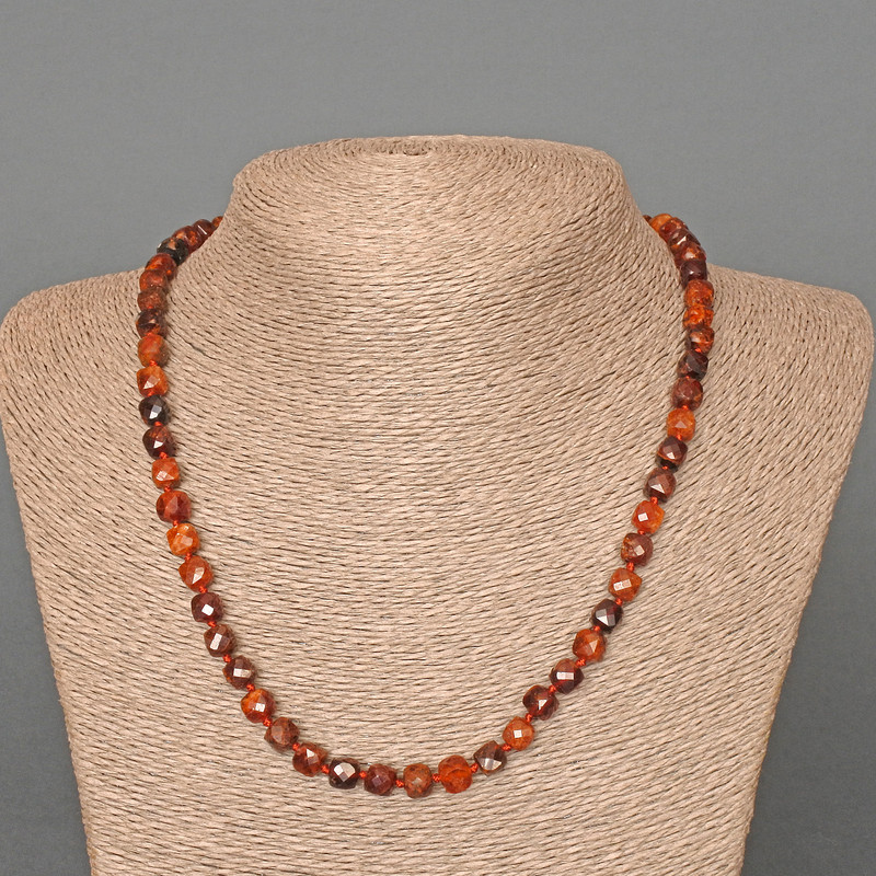 Garnet Necklace brownish natural gemstone faceted cube, diameter 6.5mm+-, length 49cm+-