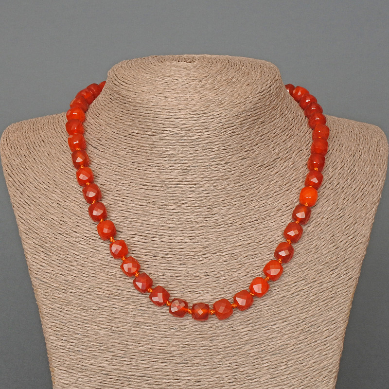 Carnelian Necklace with Natural Stone, Faceted Cube Beads, 9mm diameter, 46cm length