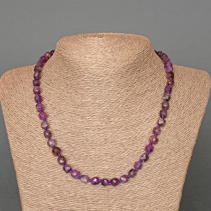 Amethyst Necklace with Natural Stone, Faceted Cube, 7mm Diameter, 50cm Length