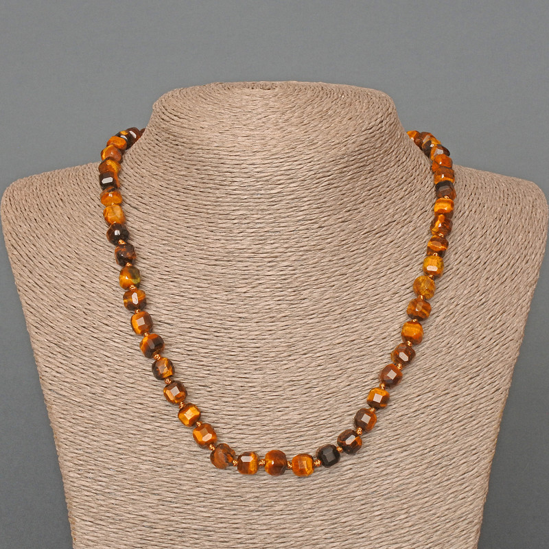 Tiger's Eye Bead Necklace - faceted cube, 7mm diameter, length 49cm
