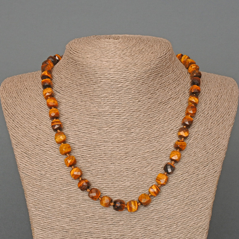 Tiger's Eye Beaded Necklace with Natural Cut Cubes, 9mm diameter, 50cm length