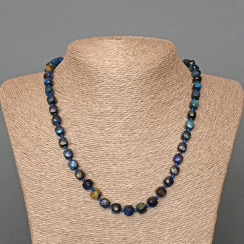 Necklace Blue Cat's Eye Natural Stone Faceted Cube, diameter 7mm±, length 51cm±