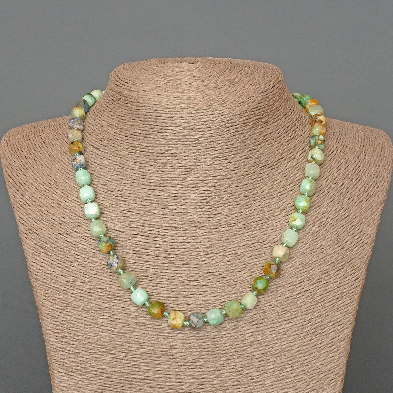 Chrysocolla and Lapis Lazuli Necklace with Natural Gemstone Beads, Faceted Cube, 7mm diameter, ~50cm length