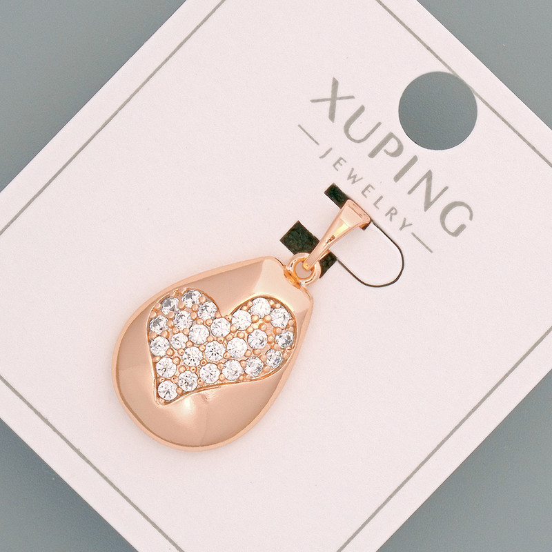 Pendant "Heart" Xuping with White Rhinestones, diameter 14.5×19 mm, length 27 mm, 18K Gold-Pl plated