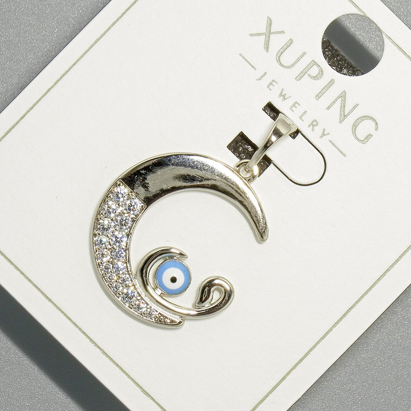 Pendant "Moon Eye" Xuping with White Rhinestones and Blue Enamel, 18.5×19.5 mm, Rhodium-plated, length 26 mm±